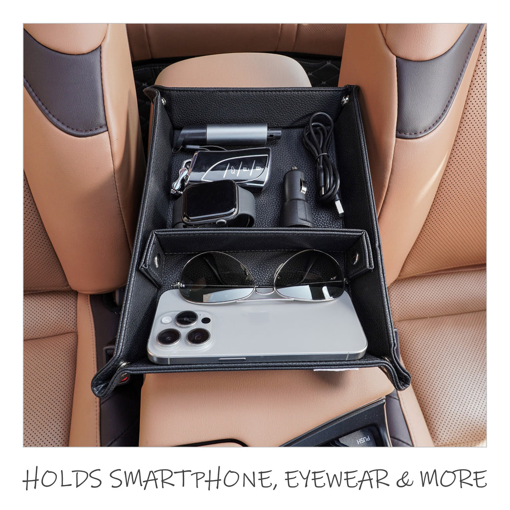 Valet Tray for Men, PU Leather Car Seat Gap Organizer Tray with Divided Compartments for Phone, Wallet, Keys and Sunglasses, Black
