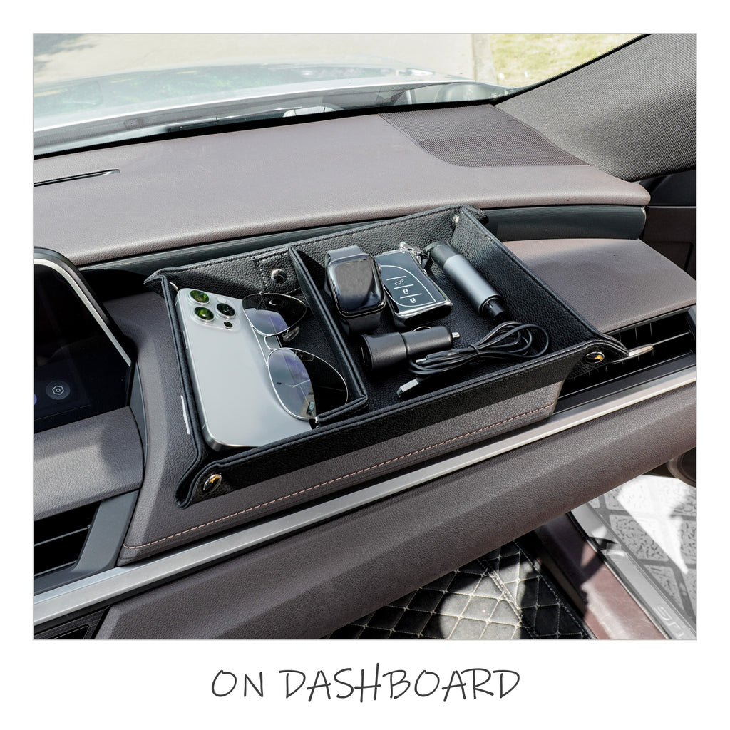 Valet Tray for Men, PU Leather Car Seat Gap Organizer Tray with Divided Compartments for Phone, Wallet, Keys and Sunglasses, Black