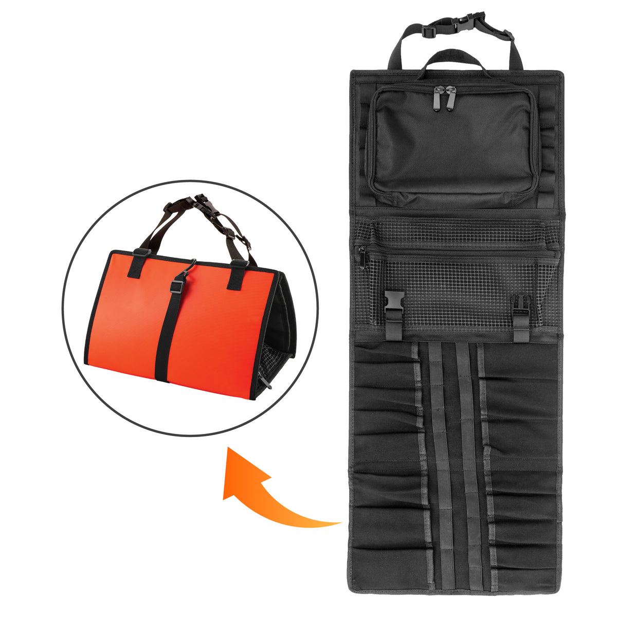 All in One Car Seat Back Organizer, Rollable Convertible Tool Storage Bag, Hanging Backseat Organizer Fits Most Cars, SUVs, Trucks & Jeeps