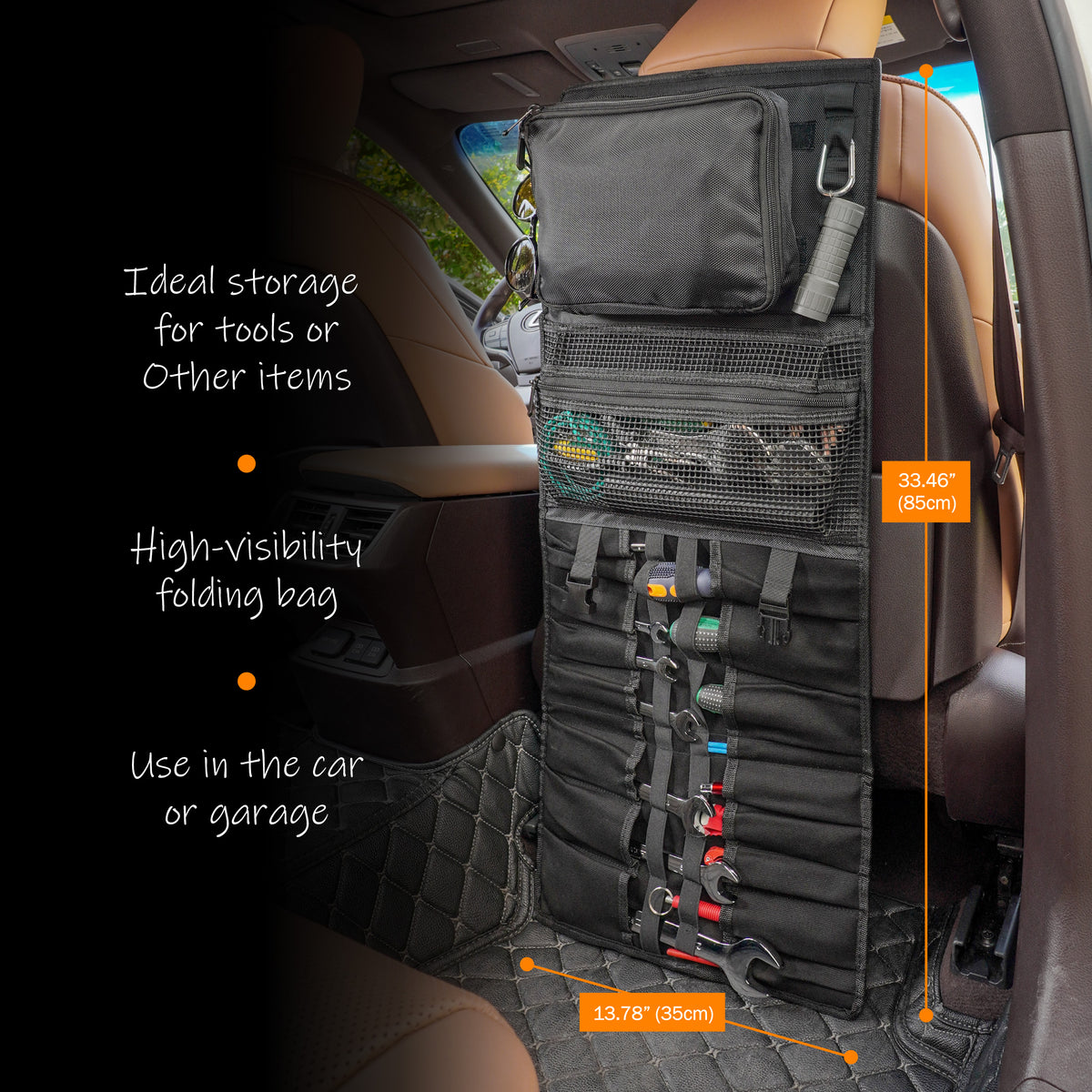 All in One Car Seat Back Organizer, Rollable Convertible Tool Storage Bag, Hanging Backseat Organizer Fits Most Cars, SUVs, Trucks & Jeeps