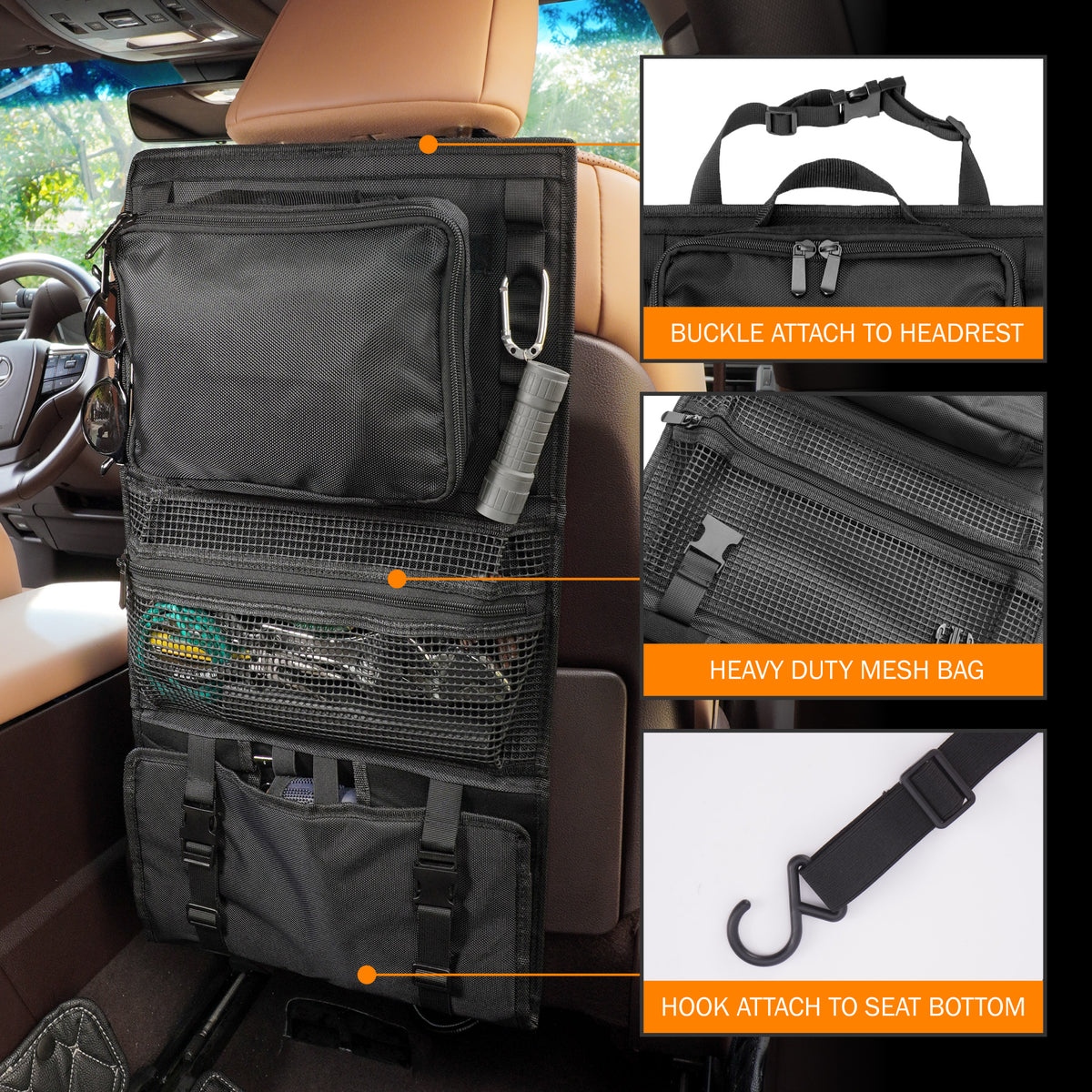 All in One Car Seat Back Organizer, Rollable Convertible Tool Storage Bag, Hanging Backseat Organizer Fits Most Cars, SUVs, Trucks & Jeeps
