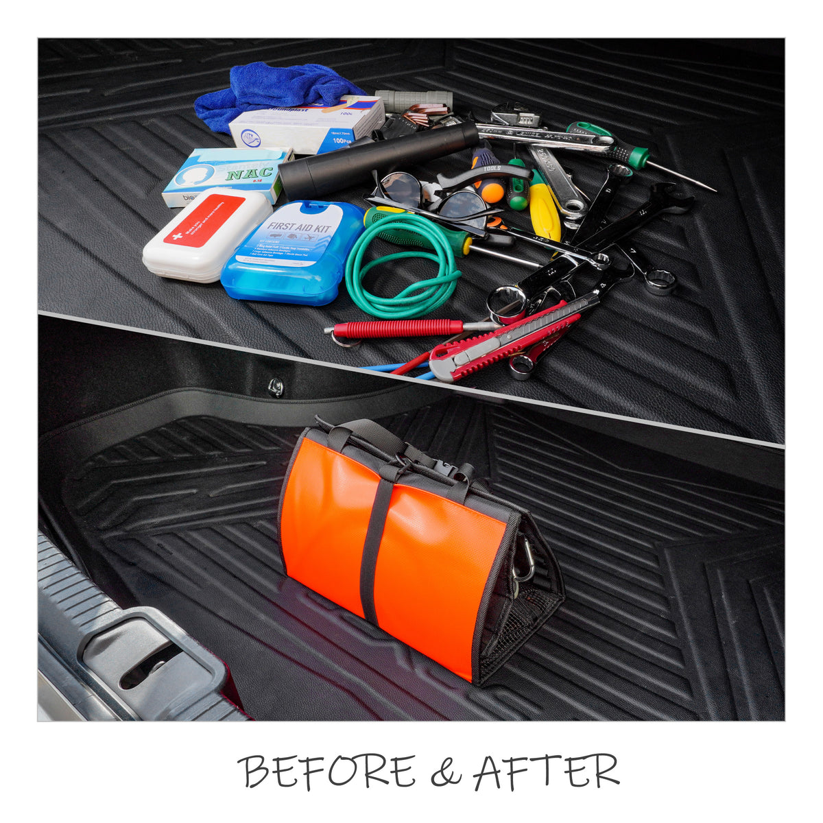 All in One Car Seat Back Organizer, Rollable Convertible Tool Storage Bag, Hanging Backseat Organizer Fits Most Cars, SUVs, Trucks & Jeeps