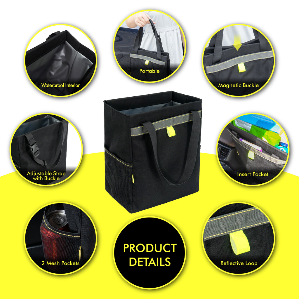 Waterproof Foldable Hanging Car Trash Bin with Magnetic Closure Multi-Pocket Back Seat Storage Organize