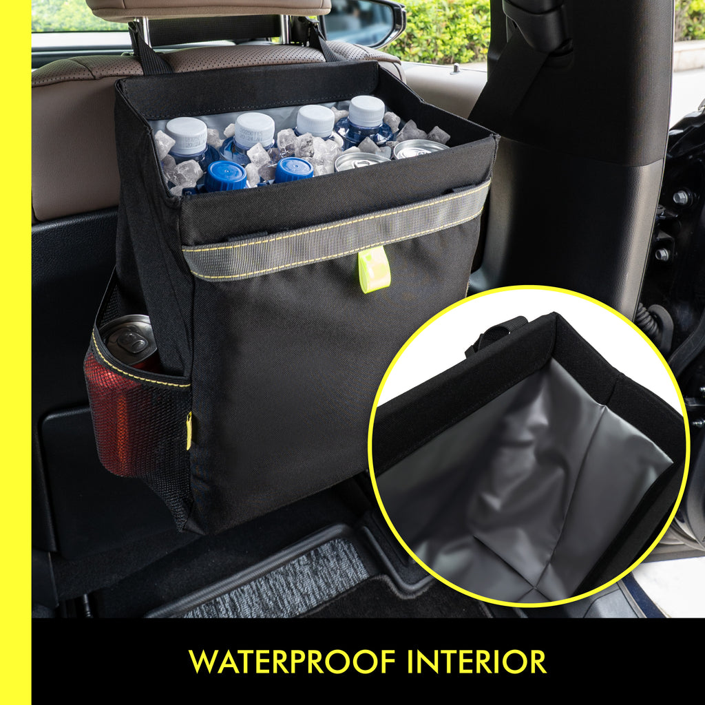 Waterproof Foldable Hanging Car Trash Bin with Magnetic Closure Multi-Pocket Back Seat Storage Organize