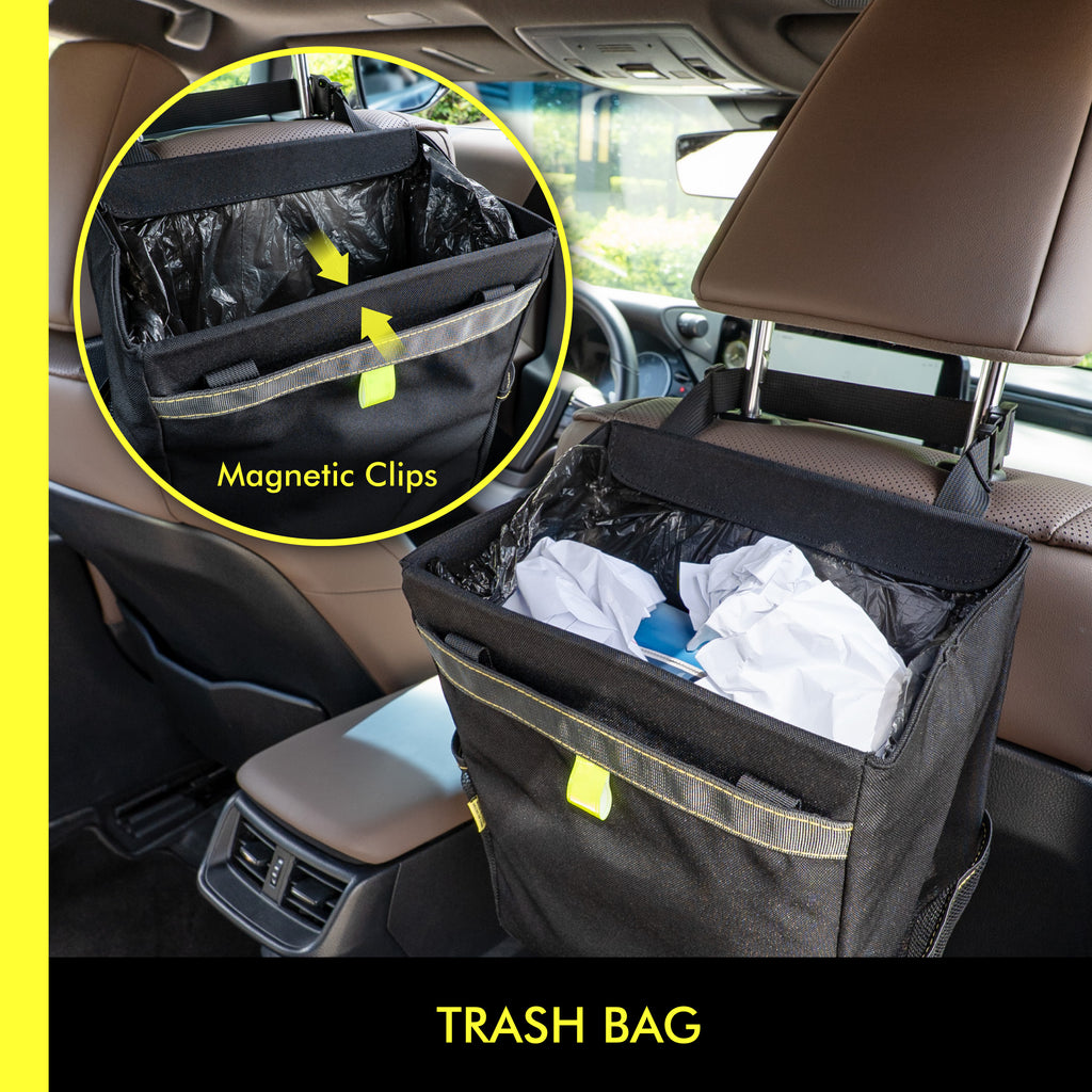 Waterproof Foldable Hanging Car Trash Bin with Magnetic Closure Multi-Pocket Back Seat Storage Organize