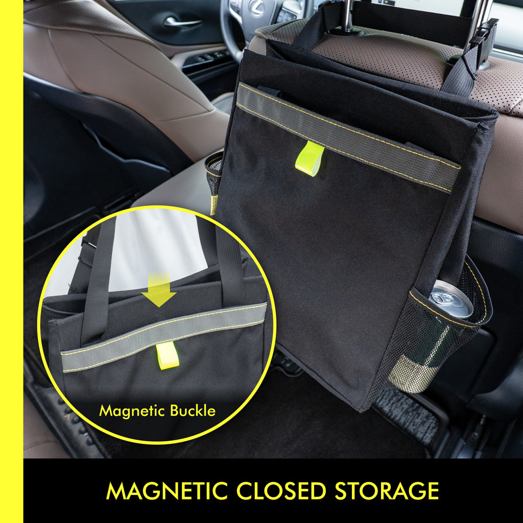Waterproof Foldable Hanging Car Trash Bin with Magnetic Closure Multi-Pocket Back Seat Storage Organize