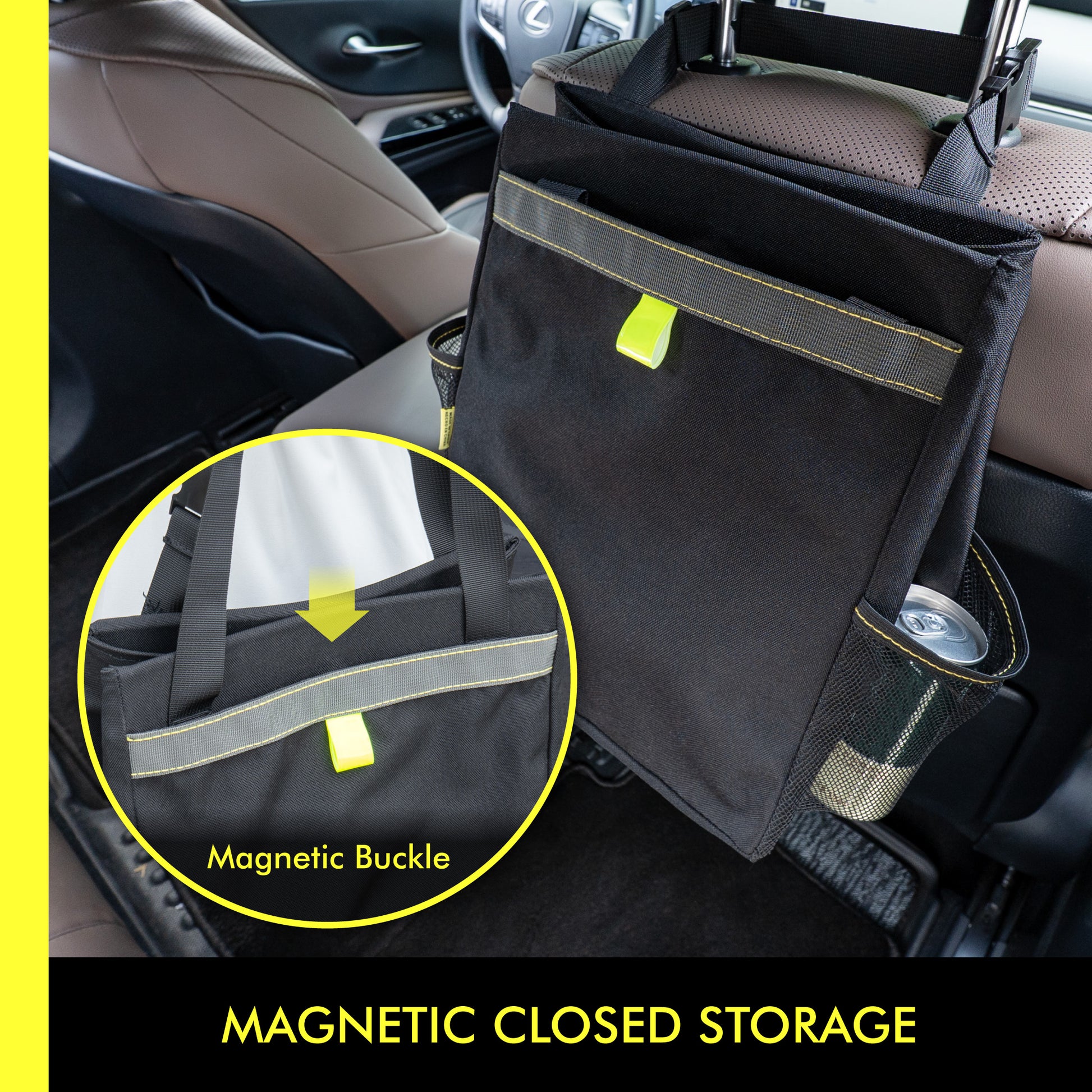 Waterproof Foldable Hanging Car Trash Bin with Magnetic Closure Multi-Pocket Back Seat Storage Organize