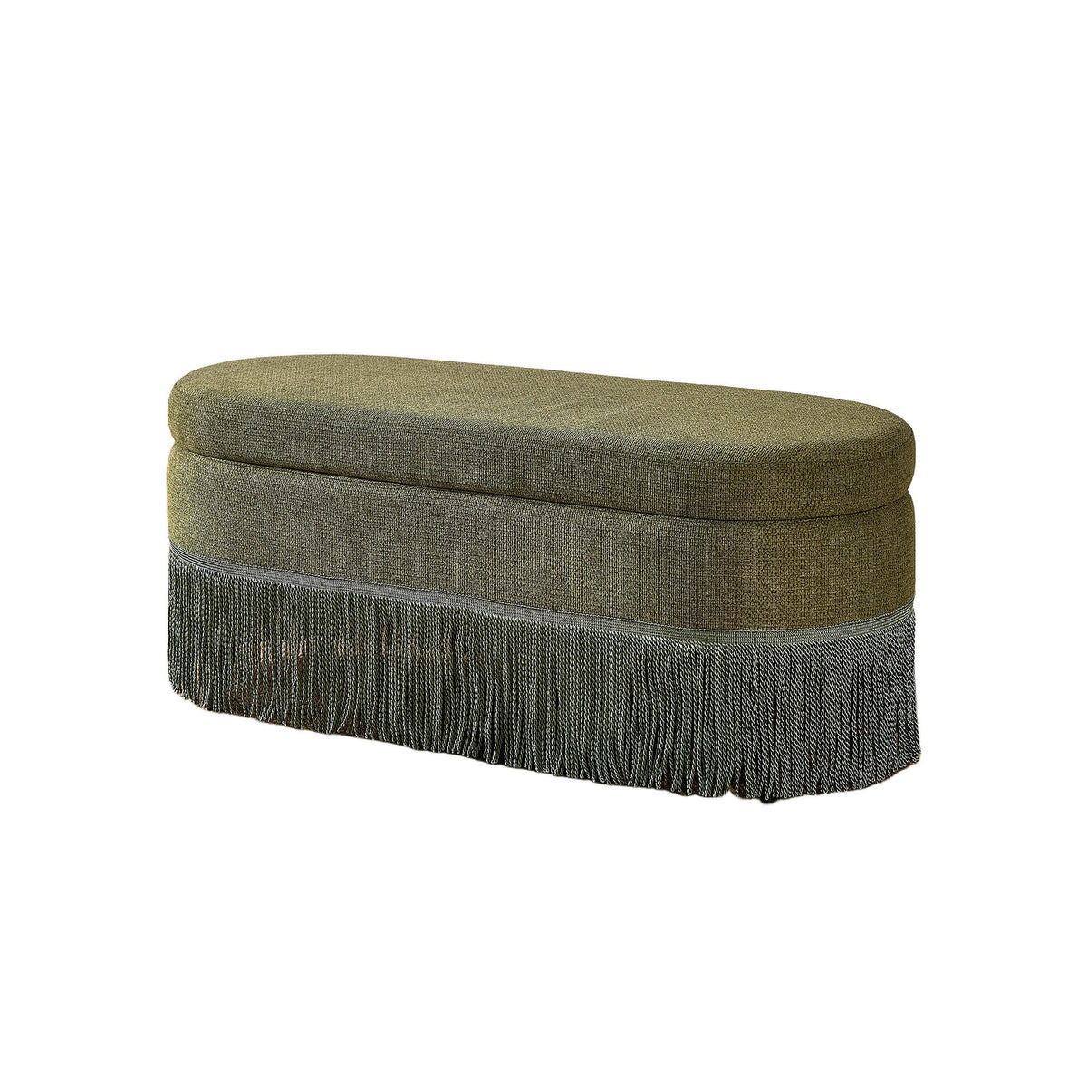 AEELLEEA Green Oval Storage Ottoman with Lift-Top Lid, Fringe Trim, Upholstered Footrest Bench for Bedroom & Living Room, 39.4 in