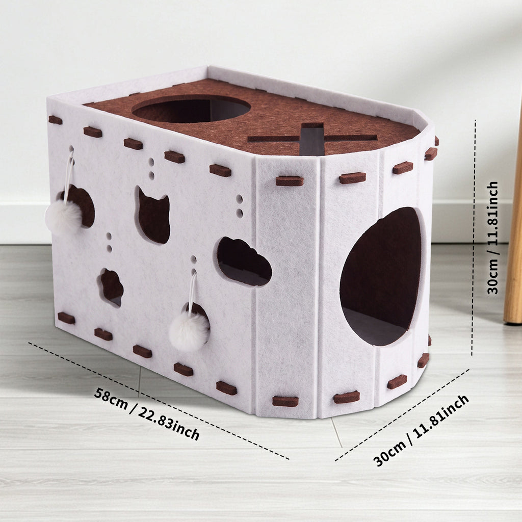 Felt Cat Scratching House, Detachable Cat Tunnel Bed with Pom-Pom Toys, Indoor Cat Cave for Climbing, Play & Sleeping