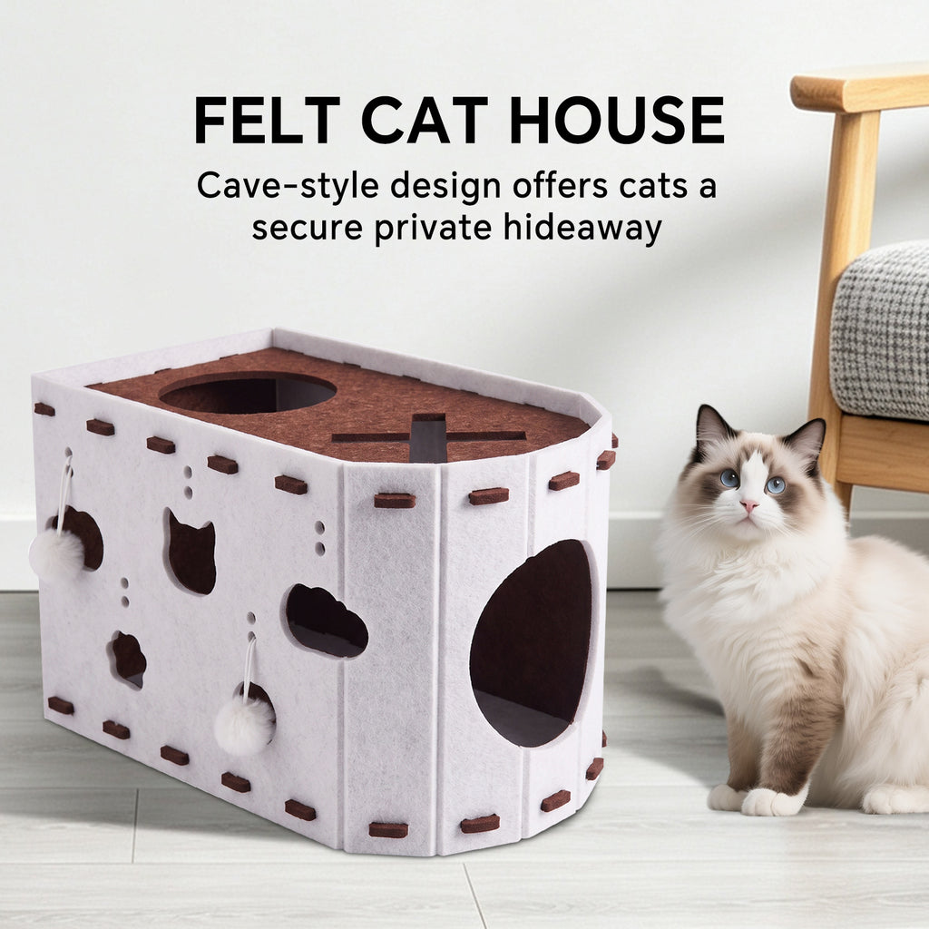 Felt Cat Scratching House, Detachable Cat Tunnel Bed with Pom-Pom Toys, Indoor Cat Cave for Climbing, Play & Sleeping