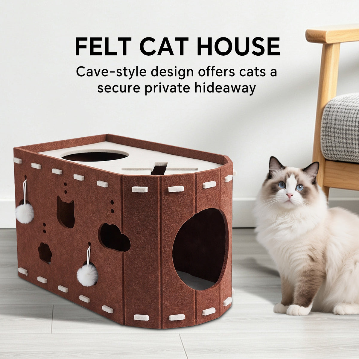 Felt Cat Scratching House, Detachable Cat Tunnel Bed with Pom-Pom Toys, Indoor Cat Cave for Climbing, Play & Sleeping