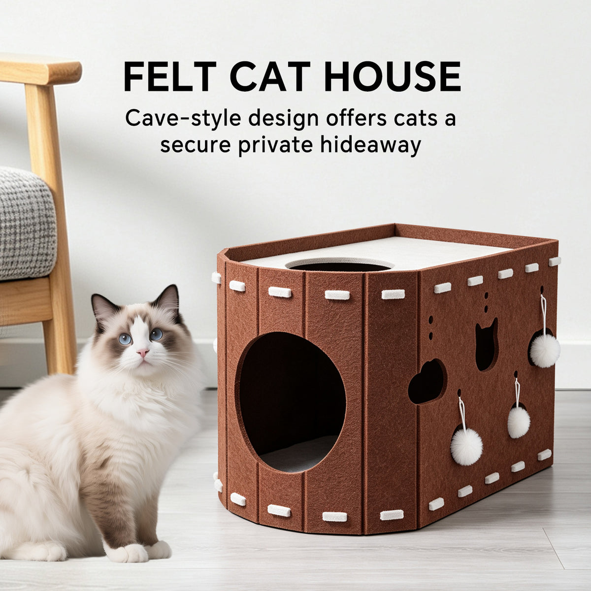 Felt Cat Scratching House, Detachable Cat Tunnel Bed with Pom-Pom Toys, Indoor Cat Cave for Climbing, Play & Sleeping