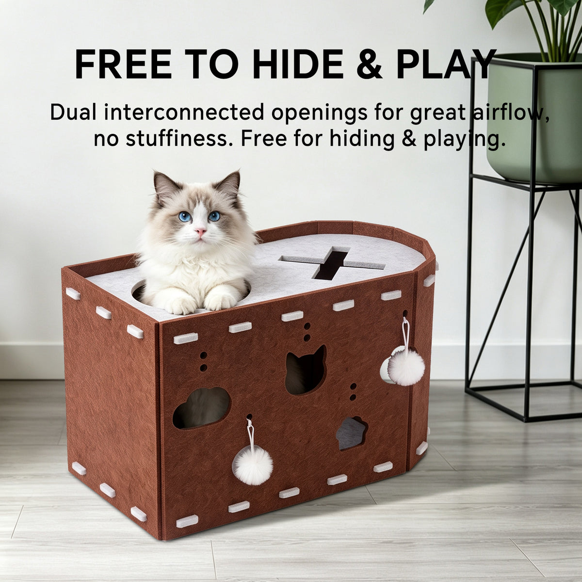 Felt Cat Scratching House, Detachable Cat Tunnel Bed with Pom-Pom Toys, Indoor Cat Cave for Climbing, Play & Sleeping