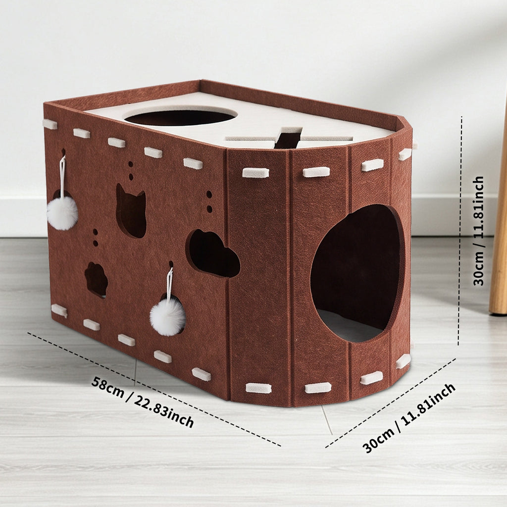 Felt Cat Scratching House, Detachable Cat Tunnel Bed with Pom-Pom Toys, Indoor Cat Cave for Climbing, Play & Sleeping