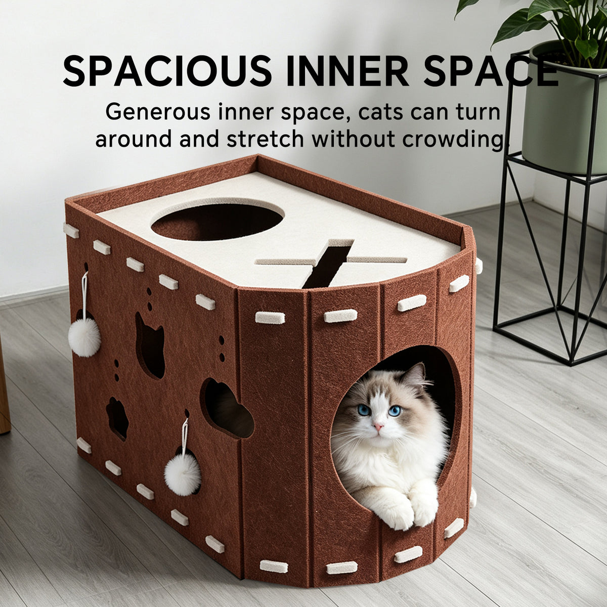 Felt Cat Scratching House, Detachable Cat Tunnel Bed with Pom-Pom Toys, Indoor Cat Cave for Climbing, Play & Sleeping