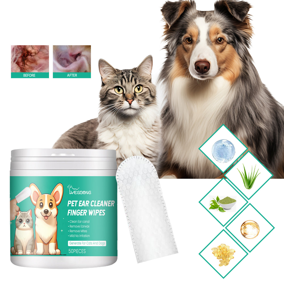 Dogs & Cats Pet Cleaning Wipes - 50 Count - Finger Design for Ears, Eyes & Paws, Deodorizing