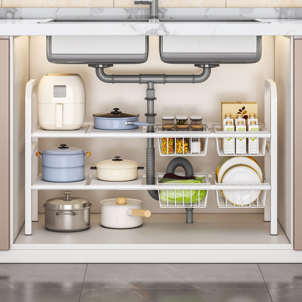 Under Sink Organizer and Storage,2 Tier Expandable Organization and Storage with 4 Panels and 4 Baskets,Cabinet Organizer,Under Sink Shelf,for Kitchen,Bathroom,Laundry Pantry Cabinet