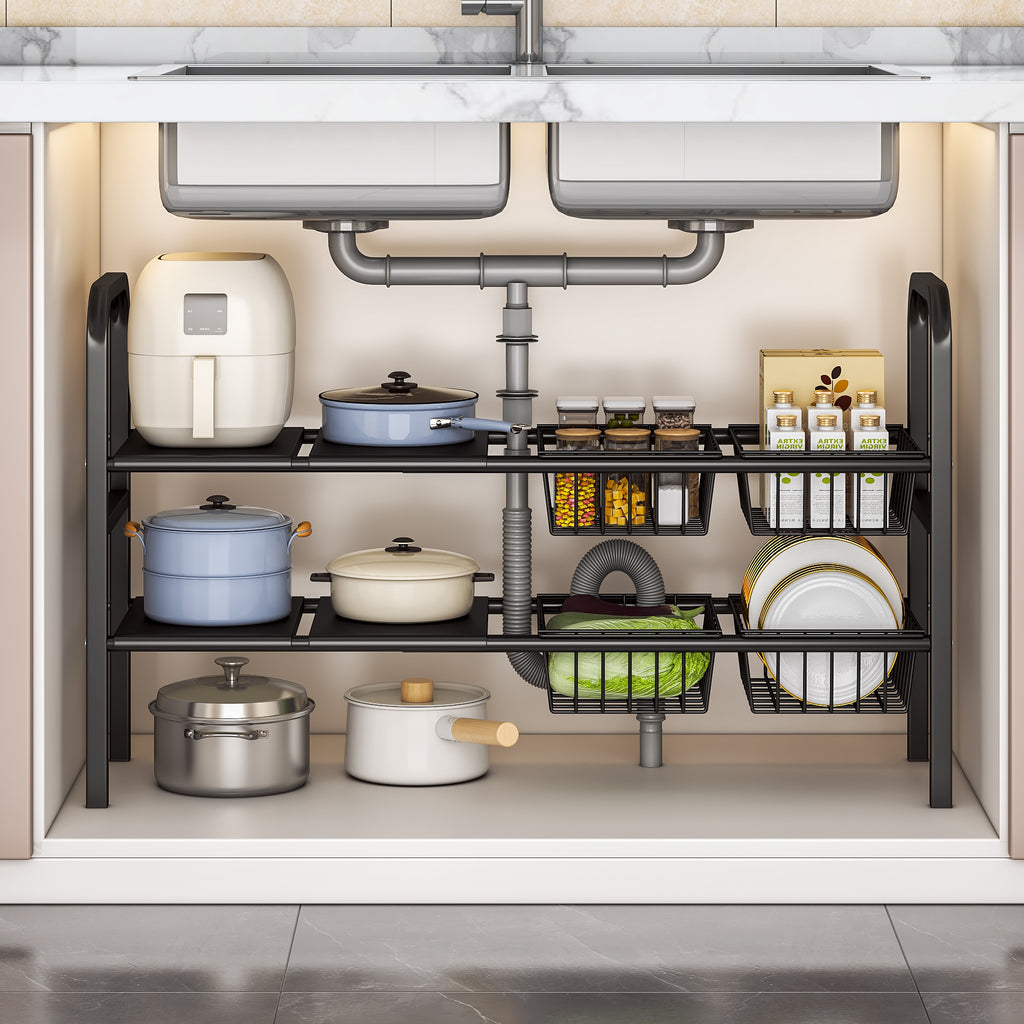 Under Sink Organizer and Storage,2 Tier Expandable Organization and Storage with 4 Panels and 4 Baskets,Cabinet Organizer,Under Sink Shelf,for Kitchen,Bathroom,Laundry Pantry Cabinet