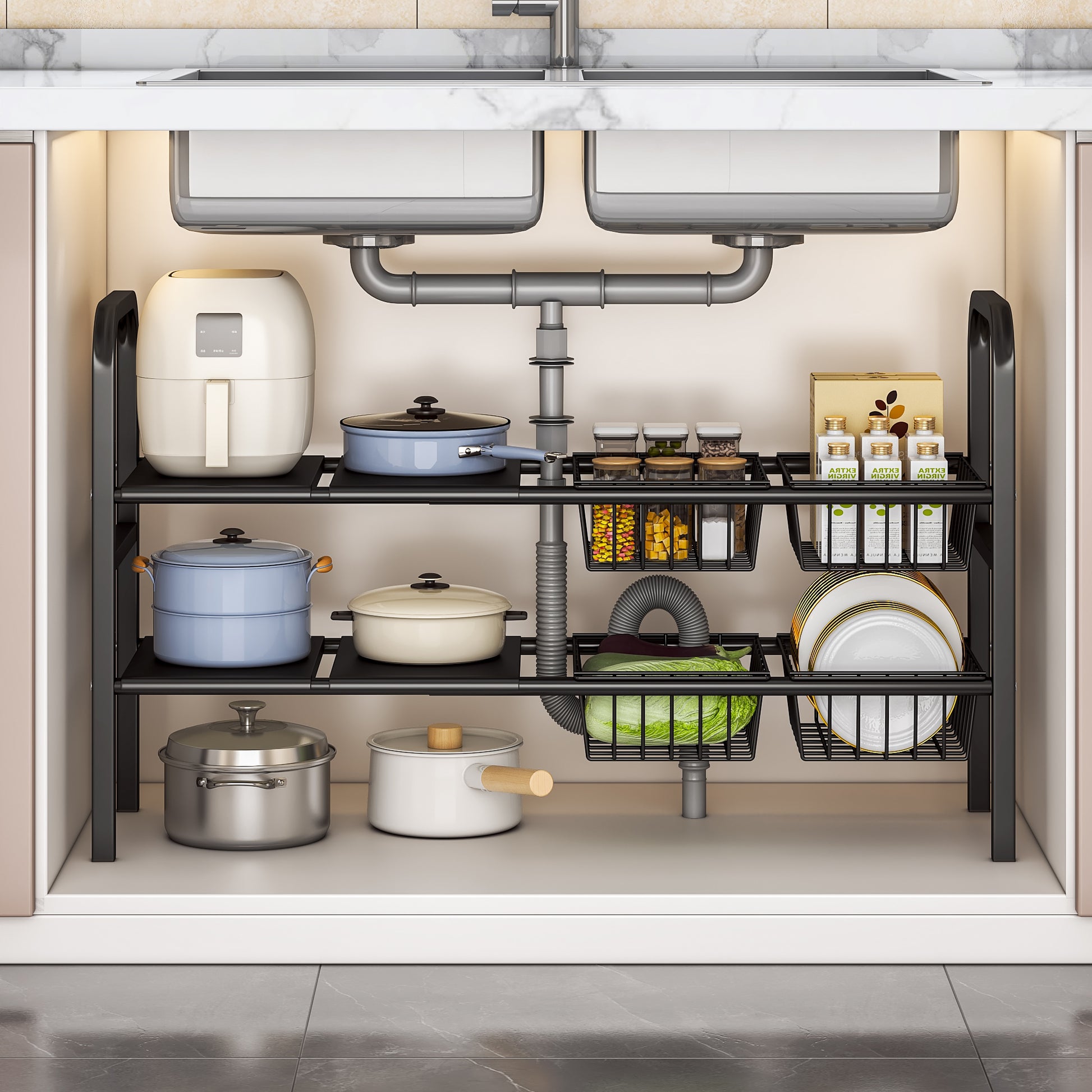 Under Sink Organizer and Storage,2 Tier Expandable Organization and Storage with 4 Panels and 4 Baskets,Cabinet Organizer,Under Sink Shelf,for Kitchen,Bathroom,Laundry Pantry Cabinet