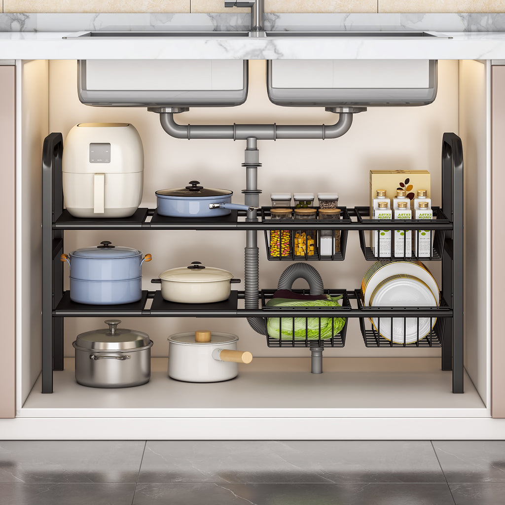 Under Sink Organizer and Storage,2 Tier Expandable Organization and Storage with 4 Panels and 4 Baskets,Cabinet Organizer,Under Sink Shelf,for Kitchen,Bathroom,Laundry Pantry Cabinet