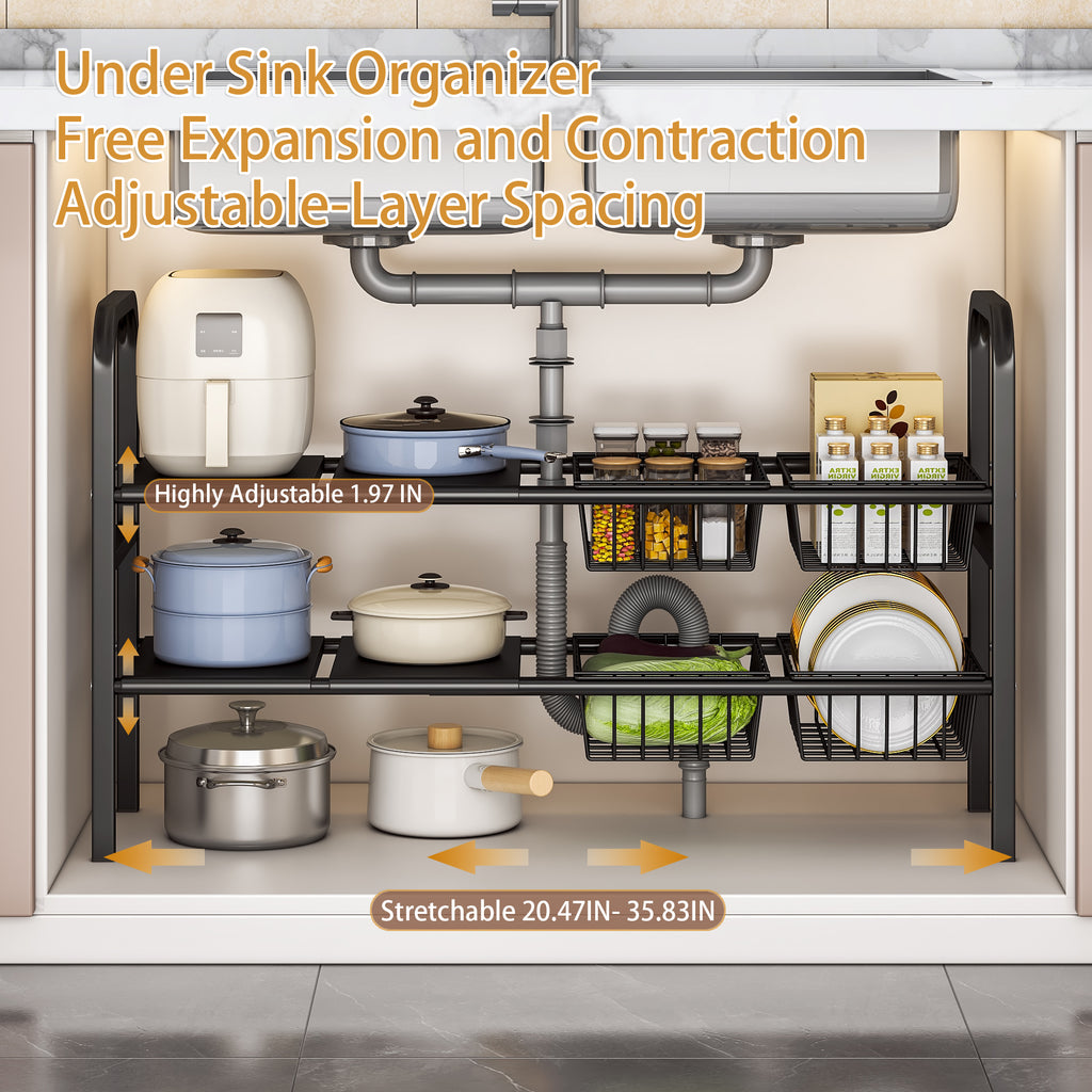 Under Sink Organizer and Storage,2 Tier Expandable Organization and Storage with 4 Panels and 4 Baskets,Cabinet Organizer,Under Sink Shelf,for Kitchen,Bathroom,Laundry Pantry Cabinet
