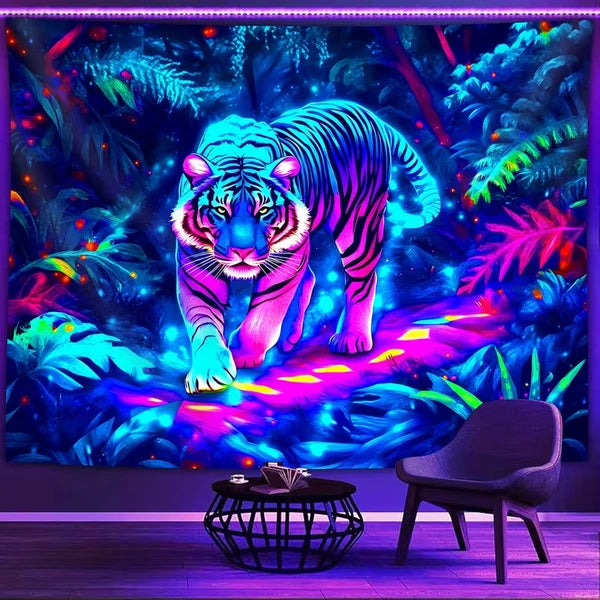 Aeelleea 59x51 in UV Reactive Tiger Jungle Tapestry, Glow Neon Wild Animal Wall Hanging for Bedroom Dorm ****