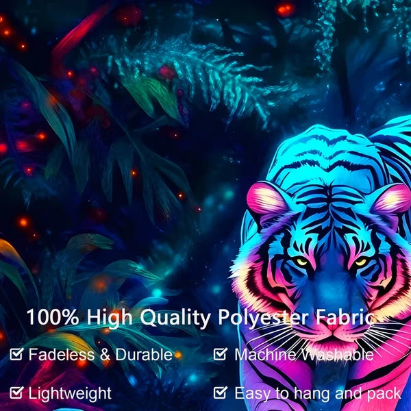 Aeelleea 59x51 in UV Reactive Tiger Jungle Tapestry, Glow Neon Wild Animal Wall Hanging for Bedroom Dorm ****