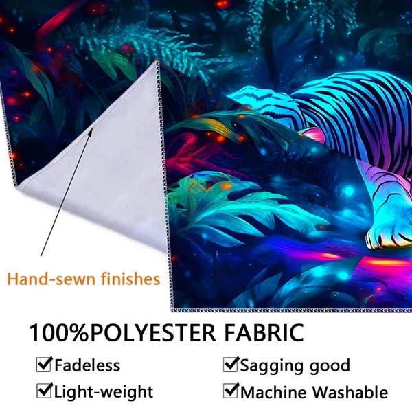 Aeelleea 59x51 in UV Reactive Tiger Jungle Tapestry, Glow Neon Wild Animal Wall Hanging for Bedroom Dorm ****