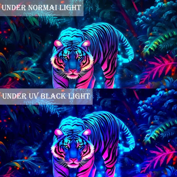 Aeelleea 79x59 in UV Reactive Tiger Jungle Tapestry, Glow Neon Wild Animal Wall Hanging for Bedroom Dorm