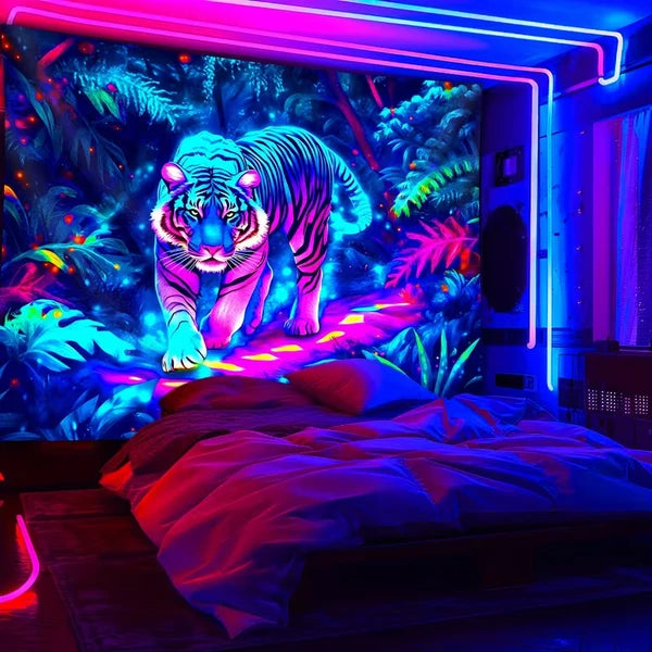 Aeelleea 59x51 in UV Reactive Tiger Jungle Tapestry, Glow Neon Wild Animal Wall Hanging for Bedroom Dorm ****