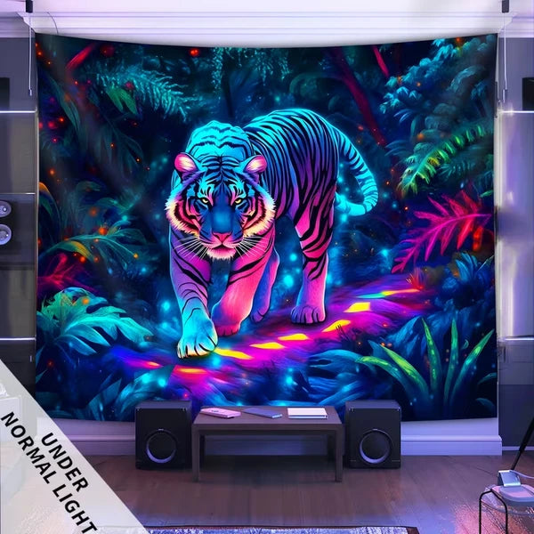 Aeelleea 79x59 in UV Reactive Tiger Jungle Tapestry, Glow Neon Wild Animal Wall Hanging for Bedroom Dorm