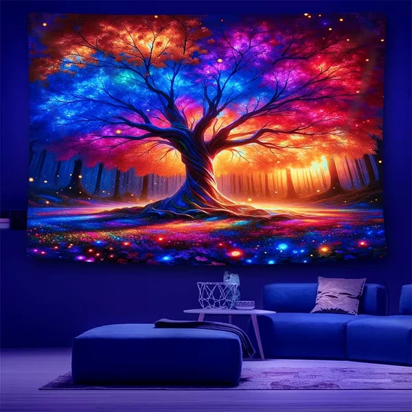 Aeelleea Tree of Life UV Reactive Tapestry 90×70 Inch, Glow In The Dark Fluorescent Wall Hanging, Home Decor for Living Room Dorm, No Installation Required