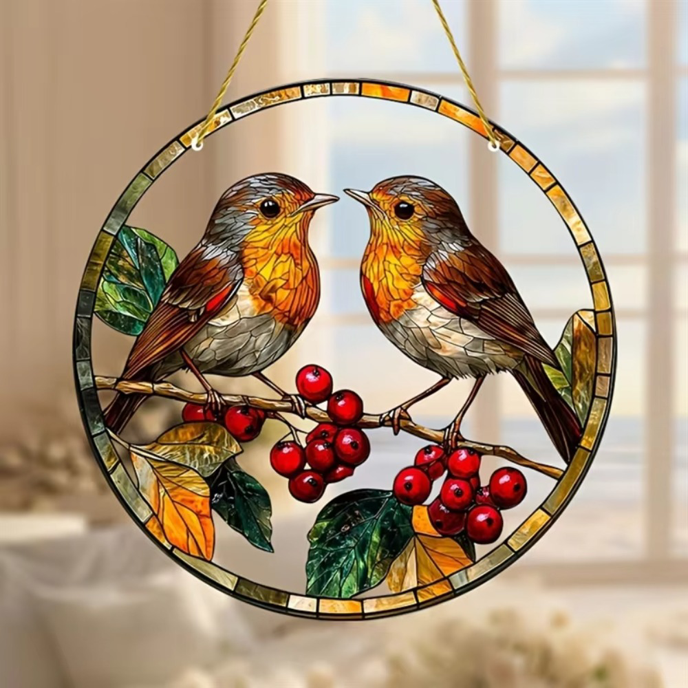 Robin Bird Suncatcher, Round Acrylic Window Hanging Ornament with Red Berry Leaf Pattern for Home Decor & Gift