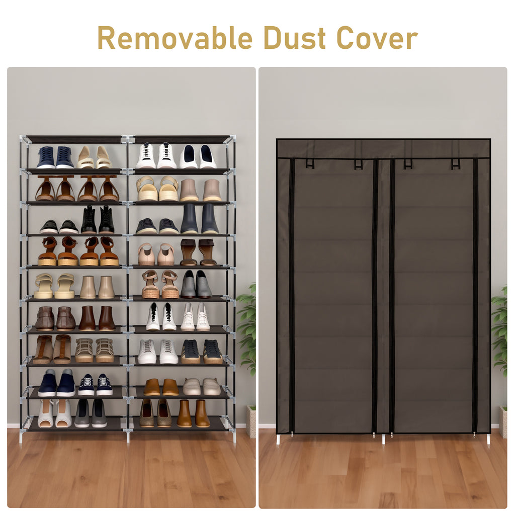 AEELLEEA- 10-Tier Double Row Shoe Rack, Gray Fabric Shoe Storage Organizer with Iron Frame, Freestanding Entryway Shoe Cabinet