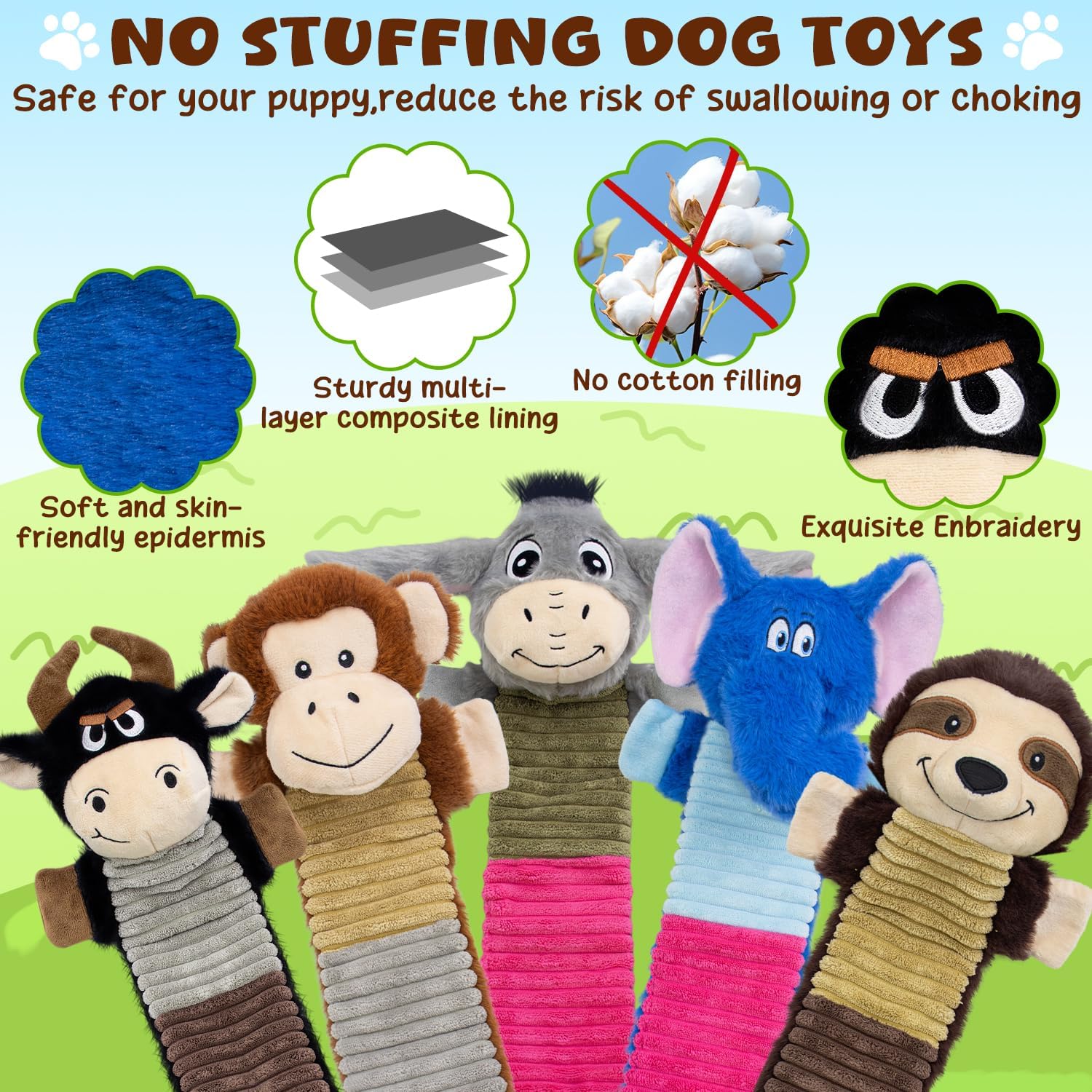 5 Pack No Stuffing Dog Squeaky Toys, Dog Chew with Crinkle and Squeaker, Cute Animal Plush to Keep Them Busy, Suitable for Large and Aggressive Chewers