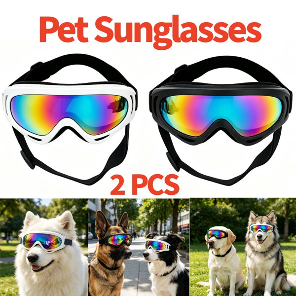 2 Pack Dog Goggles Pet Sunglasses with Adjustable Straps, Rainbow Lens Eye Protection for Medium Large Dogs, Black & White