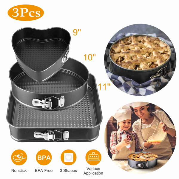 3Pcs Nonstick Springform Cake Pan Set, Heart Round Square Cheesecake Pans with Quick-Release Latch, BPA-Free Baking Pans for Cakes Mousse