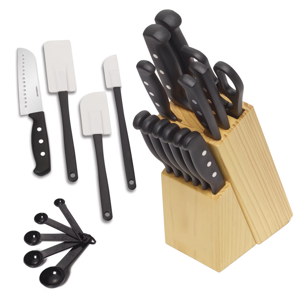 AEELLEEA 22 Piece Kitchen Knife Set with Wood Block, High Carbon Stainless Steel Knives, Spatulas & Measuring Spoons