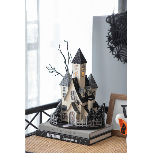 Lighted Haunted House Halloween Decor, Battery Powered Cardboard Spooky House, 10x8.3x13.5 Inch Black Beige Tabletop Ornament for Holiday Party Decoration