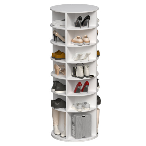 AEELLEEA 7-Tier Rotating Shoe Rack Tower, 360° Freestanding Spinning Shoe Organizer, White PVC Storage Holder for Heels, Boots and Handbags