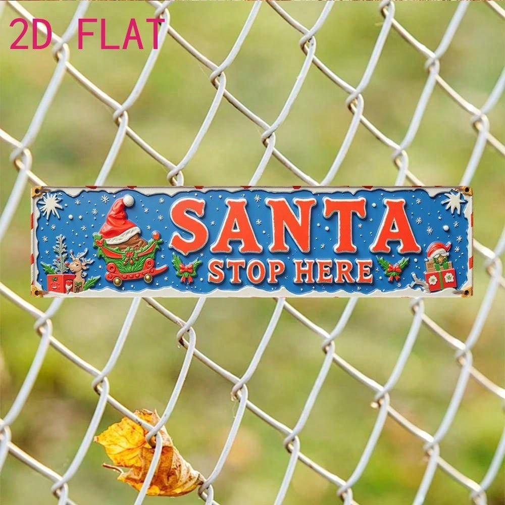 AEELLEEA-Santa Stop Here Christmas Metal Sign, 2D Flat Printed Holiday Tin Plaque, Waterproof Aluminum Wall Decor
