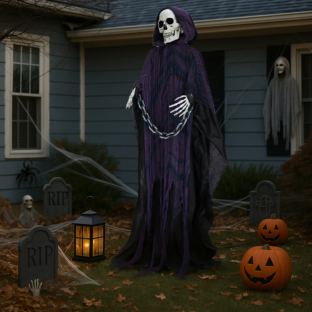 Halloween Decoration 6FT Animated Grim Reaper  – Sound-Activated with Glowing Red Eyes, Moving Head & Hands, Horror Voice & Scream, Battery-Powered for Indoor/Outdoor Yard, Haunted House. Does Not Contain Batteries.