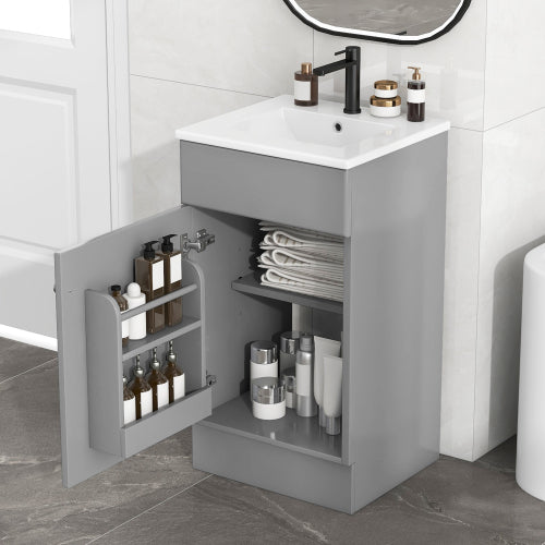 Gray Bathroom Vanity with Sink 18 Inch, Freestanding Small Bathroom Cabinet with Ceramic Basin, Soft Close Door