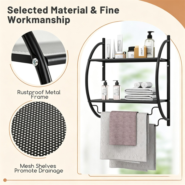 Rustproof Black Wall Mounted Bathroom Storage Shelves, Over Toilet Organizer with 2 Open Shelves and Hanging Bars for Towels Toiletries