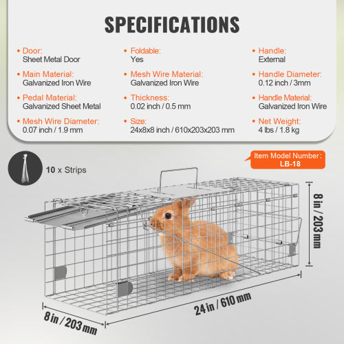 Live Animal Cage Trap, 24"x8"x8", Humane Galvanized Iron Folding Trap with Handle for Cats, Rabbits, Raccoons, Squirrels & More