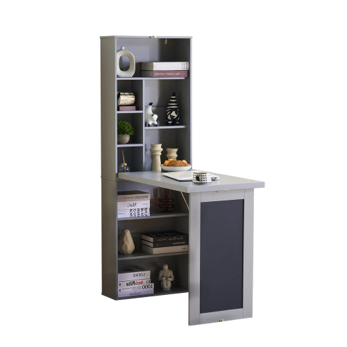 AEELLEEA Wall Mount Fold Out Murphy Desk with Storage Shelves & Chalkboard, Space Saving Convertible Writing Table for Small Space