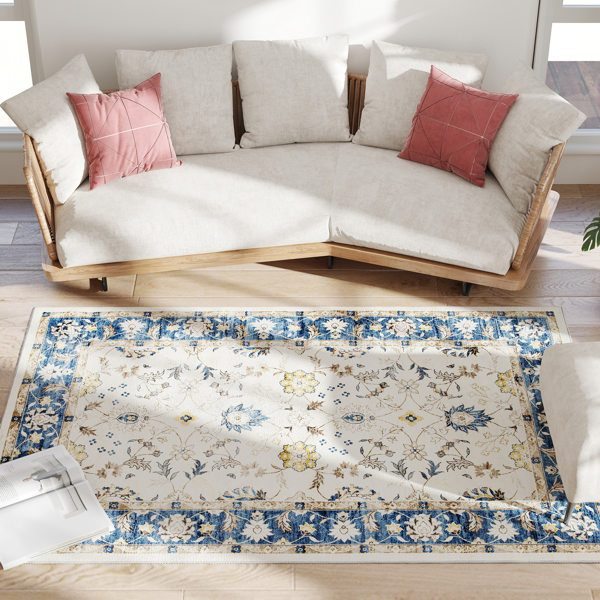 AEELLEEA Vintage Floral Area Rug, Blue and Ivory, Low-Profile Non-Slip Rug, 6 x 4 ft
