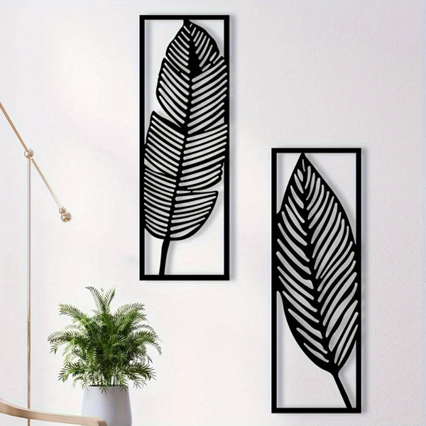 Metal Wall Decor 2 Pack, Black Tropical Leaf Wall Art, Hollow Leaves Wall Sculptures for Living Room Bedroom