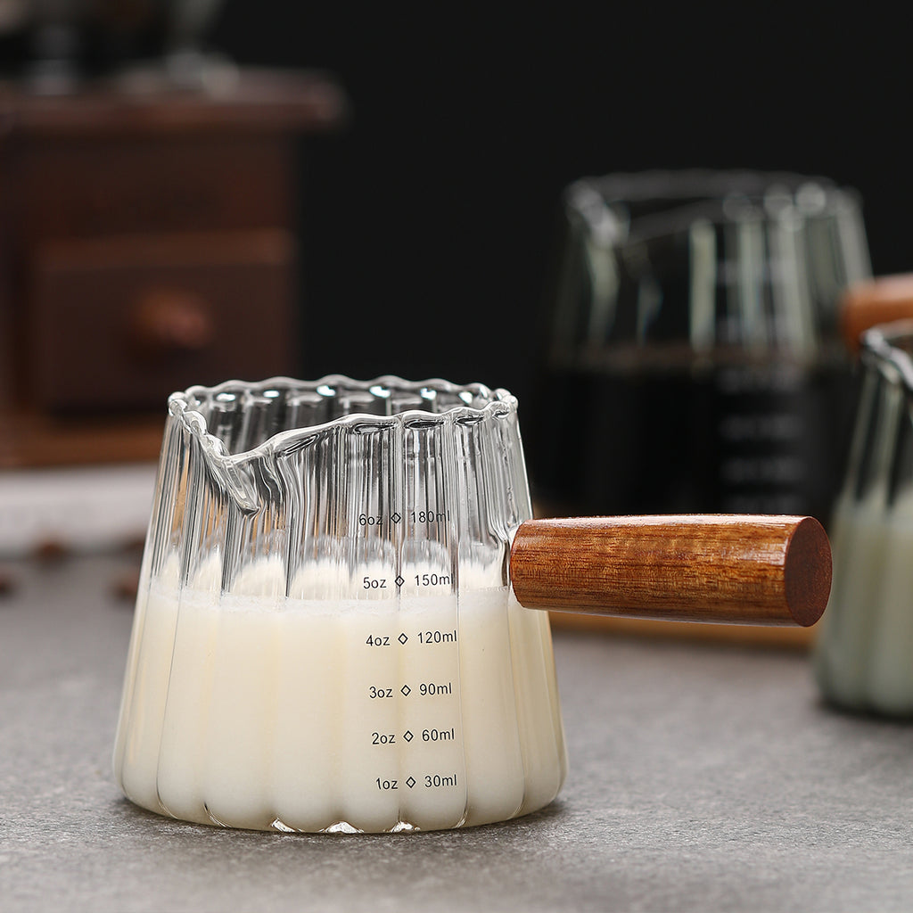 6 oz Glass Measuring Pitcher with Wooden Handle, Clear Espresso Coffee Server with Pour Spout and Measurement Marks