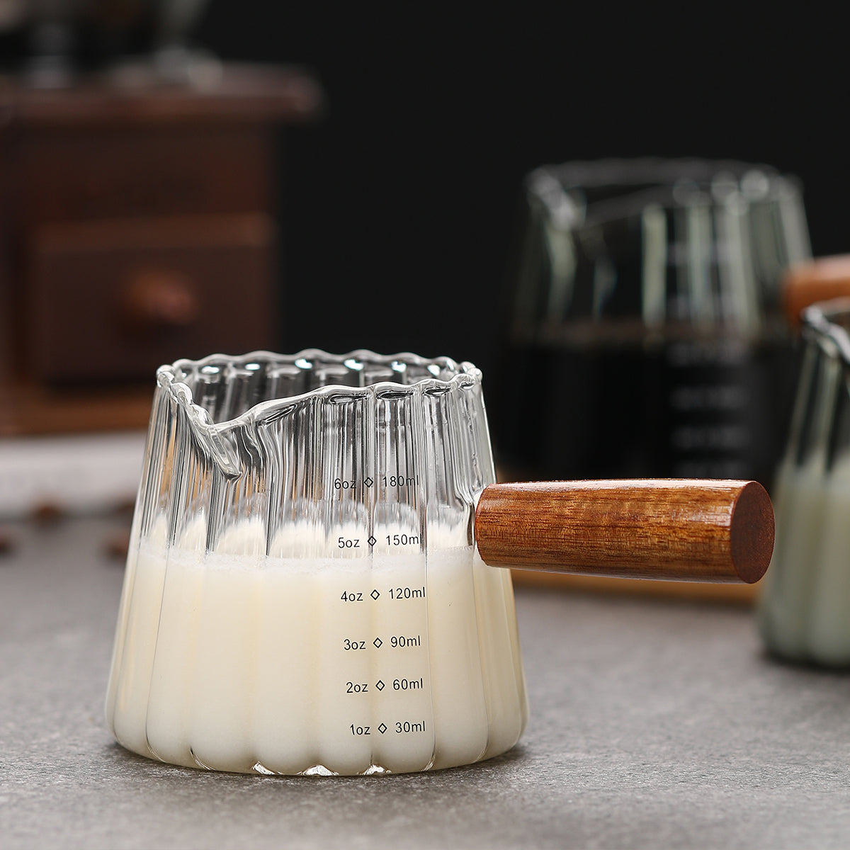 6 oz Glass Measuring Pitcher with Wooden Handle, Clear Espresso Coffee Server with Pour Spout and Measurement Marks